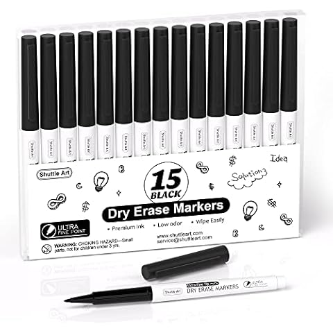 Ultra Fine Tip Whiteboard Pens, Shuttle Art 15 Pack Black Whiteboard Markers Erasable, 0.7mm Felt Tip Dry Wipe Markers for Writing on Whiteboards, Dry-Erase Boards, Planner for School Office Home Cover