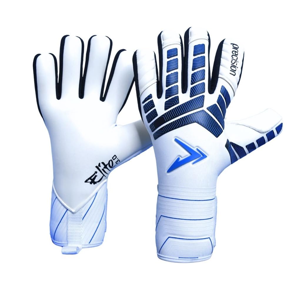 Precision Elite 3.0 Giga Goalkeeper Gloves, 4 mm Giga Latex Grip, Super Lite Negative Cut, All Weather Strapless or Strapped Fit, 7, White/Black/Blue