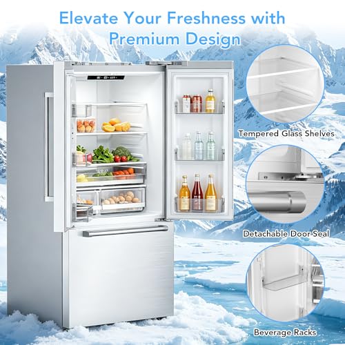 Image of 20.3 Cu. Ft. French Refrigerator, 3-Door French Door Refrigerator with Built-in Ice Maker, Digital Temperature Control with Bottom Mount Freezer Drawer for Kitchen Commercial-Stainless-Steel