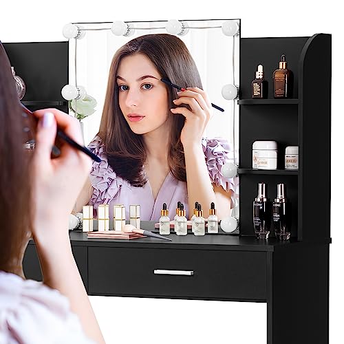 Usikey Vanity Desk, Makeup Vanity Table With 10 Led Light Bulbs, Vanity Table, Vanity Desk Set With 2 Drawers, 6 Storage Shelves & Cushioned Stool For Women Girls, Bedroom, Black #TOP7