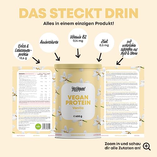 Foto von Veganes Proteinpulver inkl. gratis Shaker (VERSCHIEDENE GESCHMACKSRICHTUNGEN) mit B2 und Zink - Alternative zu Whey Protein Pulver - Flavor: VANILLE - Eiweißpulver vegan