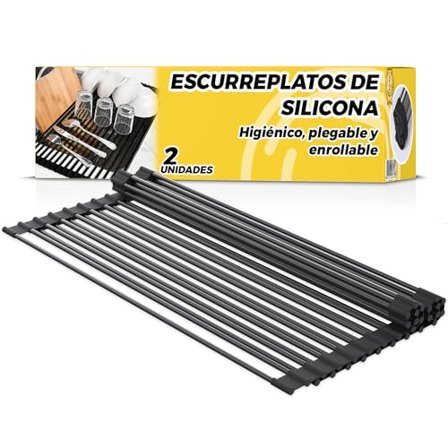 Escurreplatos Plegable - Escurreplatos Sobre Fregadero (43,5x33 Cm) - Escurridor Plegable con Recubrimiento de Silicona Fácil de Limpiar - Enrollable y Antióxido - (2 unidades)