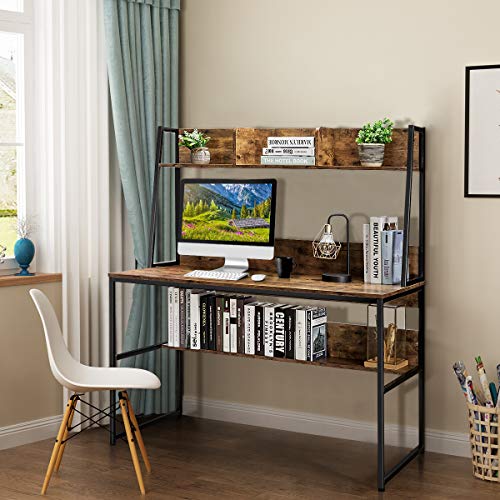 Tangkula Computer Desk With Hutch & Bookshelf, 47 Inches Space Saving Writing Study Table Home Office Desk, Pc Laptop Table Workstation With W/ 3 Open Storage Space & Bottom Bookshelf (Rustic Brown) #TOP3