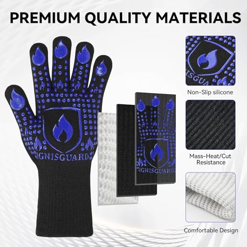 Image of BBQ & Grill Gloves, Oven Gloves, 1472F Silicone Oven Mitts Heat Resistant Grilling Gloves Fireproof Non-Slip for Barbecue Cooking Baking Smoking, 1-Pair (Blue, Medium)