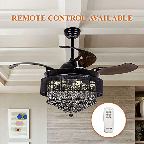 Ceiling Fans with LED Lights 46 Inch Ceiling Fan with Remote Crystal Chandelier Fans with Retractable Blades, Replaceable 4000K Cool White Lights, Not Dimmable, Black