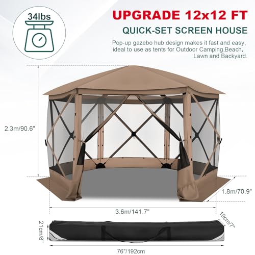 Image of COBIZI 12x12 FT Pop Up Canopy Stargazing Tent, Gazebos On Clearance with Removable Roof,Instant Screened in Gazebo, Screen Tents Portable carpas para Patio for Outdoor Camping,Backyard, Garden,Khaki