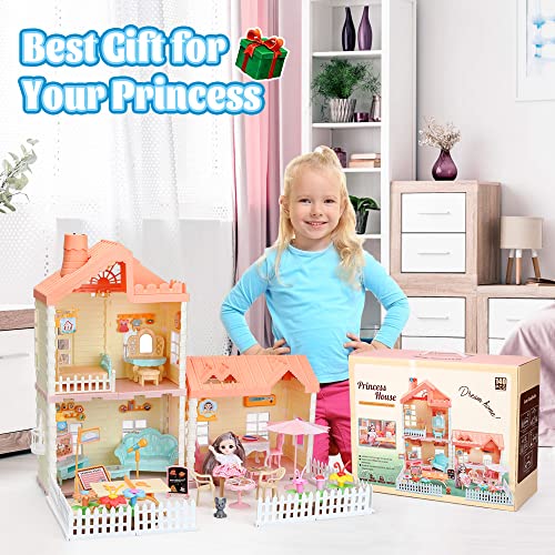 Oenux Dollhouse For Girls, Small Doll House 4-5 Year Old With Pretend Play Furniture,Lights And Flower Garden Building Toy, Princess Castle Dollhouses For Toddler Kids Indoor #TOP6
