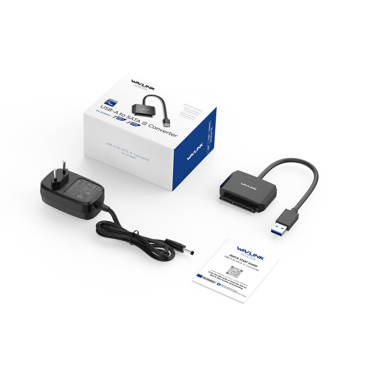 WAVLINK Cavo Adattatore da USB3.0 a SATA III per Disco Rigido, Convertitore da SATA a USB A 5Gbps, Connettore per Disco Rigido Esterno per HDD/SSD da 2,5"/3,5", Adattatore di Alimentazione Incluso