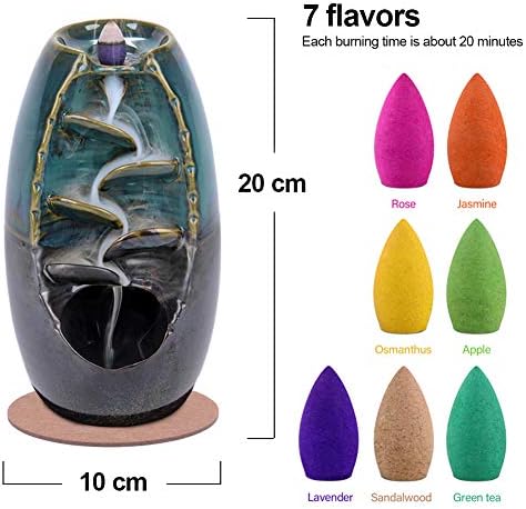 SPACEKEEPER Backflow Incense Holder/Burner Waterfall , Ceramic Aromatherapy Ornament Home Decor with 120 Backflow Incense Cones + 30 Incense Stick, Blue