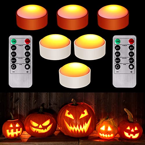 Image of Riakrum 6 Pieces Halloween Remote Timer LED Lights with Remote Summer Halloween LED Pumpkin Lights Battery Operated Lantern Bright Flameless Candle(Orange, White)