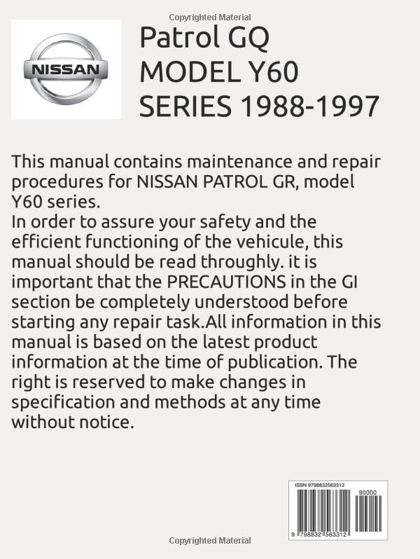 Back cover of the Nissan Patrol Y60 Service Manual, showing ISBN barcode and copyright information.