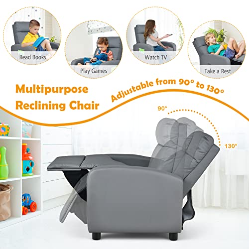 Image of Costzon Kids Recliner, Adjustable PU Leather Lounge Chair w /Side Pockets, Footrest, Headrest for Kids Room & Play Room, Easy to Clean, Padded Recliner Sofa for Children Boys Girls Aged 3-12 (Grey)