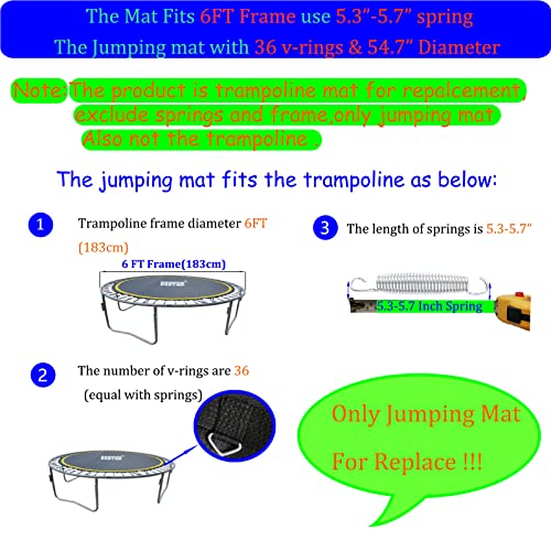 Bzzter Replacement Trampoline Mat Fits 6 Foot Frame, Trampoline Mat 6Ft 36 Rings 54.7" Diameter Fits 5.3"-5.7" Spring, Not 6Ft Diameter Mat,Uv Sun Protective 6Ft Trampoline Mat，W/Pull Hook And Gloves #TOP2