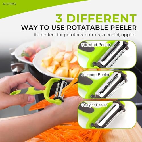 Image of LOTERO Peeler for Vegetables and Fruits | Stainless Steel 3-in-1 Vegetable Peelers for Kitchen | Multi-Functional Slicer, Shredder & Julienne Blades | Ideal Used for Carrots, Cucumbers & More