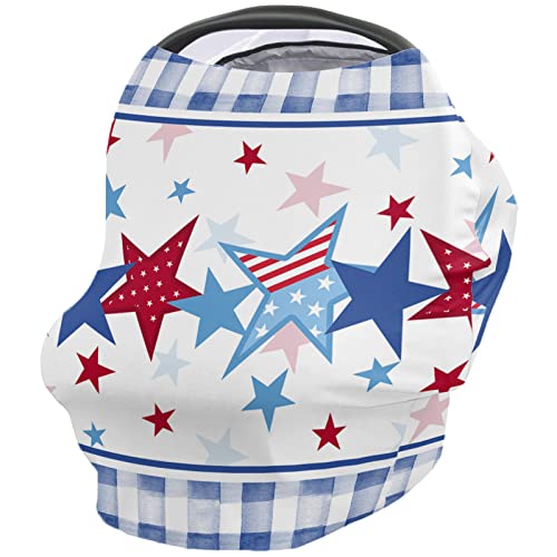 Nursing Cover for Breastfeeding Scarf, Blue and Red Stars Plaid Independence Day 4th of July Baby Car Covers Super Soft Multi Use for Canopy Shopping Cart Cover Blanket Stroller Cover