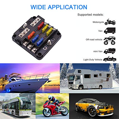 6-Way Fuse Box Blade Fuse Block Holder Screw Nut Terminal W/Negative Bus 5A 10A 15A 20A Free Fuses LED Indicator Waterpoof Cover for Automotive Car Marine Boat