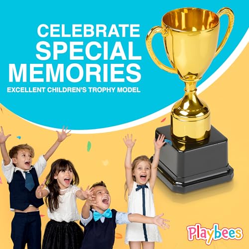 playbees fun gold plastic trophies - 3 pack - 7 inch - award trophy cup set for superstar kids - champion celebrations sports galore and victory vibes - desktop toy