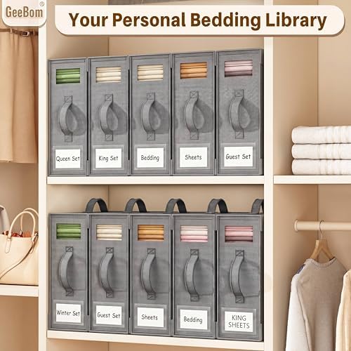 GeeBom 4 Pack Sheet Organizers and Storage, Bed Sheet Organizer Boxes for Linen Closet, Foldable Sheet Storage Organizer, Space-Saving Bedding Storage Containers for Queen & King Size, Gray — view 3
