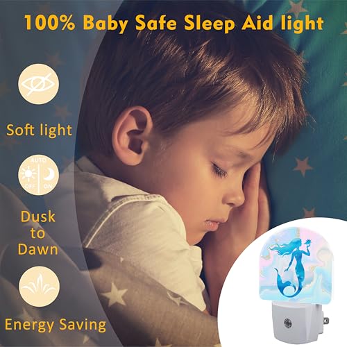 Image of Watercolor Blue Mermaid Night Light for Kids,Pastel Pink Glitter Liquid Marble Plug in Night Light with Dusk to Dawn Sensor, 0.5w Energy Saving Nightlight for Hallway Stairway Kitchen Bedroom