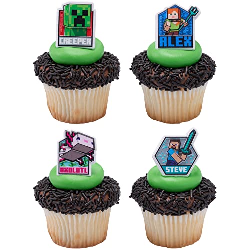 Decopac Minecraft Lush Finds Rings, Cupcake Decorations Featuring Creeper, Alex, Steve And Axolotl! Multicolored 3D Food Safe Cake Toppers – 24 Pack #TOP4