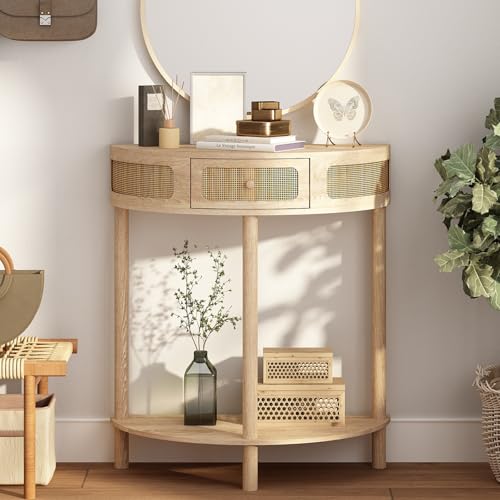 RowyPoey Rattan Half Moon Console Table-Modern Small Entryway Table with Rattan Drawer and Storage Shelf, Boho Farmhouse Wood Sofa Table for Living Room Hallway Foyer Sofa Side, Natural