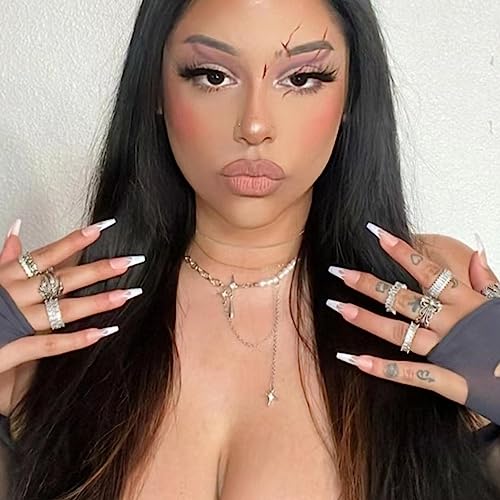 Uñas postizas presionadas French Tip largas con diseños grises, uñas falsas con pegamento, uñas acrílicas blancas en forma de ataúd, uñas neutras nude, puntas de llama, accesorios de manicura para mujeres y niñas, 24 piezas miniatura 7