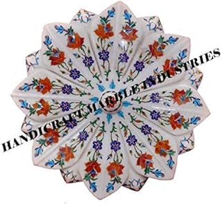White Marble Fruit Bowl, Marble Bowl, Lotus Flower Design Bowl Floral Inlay Marquetry Pietra Dura Bowl Decor Bowl, Marble Bowl With Pedestal
