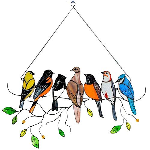 CYzuantan Multicolor Birds on a Wire High Stained Glass Suncatcher Window Panel, Birds Painted Window Ornaments Birds Ornaments, Gifts for Bird Lover (7 Birds)
