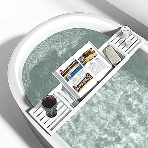 New Bamboo Bathtub Caddy Tray Bathroom Accessories Board Candle Wine Glass Book Tablet iPad & Phone Holders Bath Tub Rack Shelf Storage Organiser (White) Cover