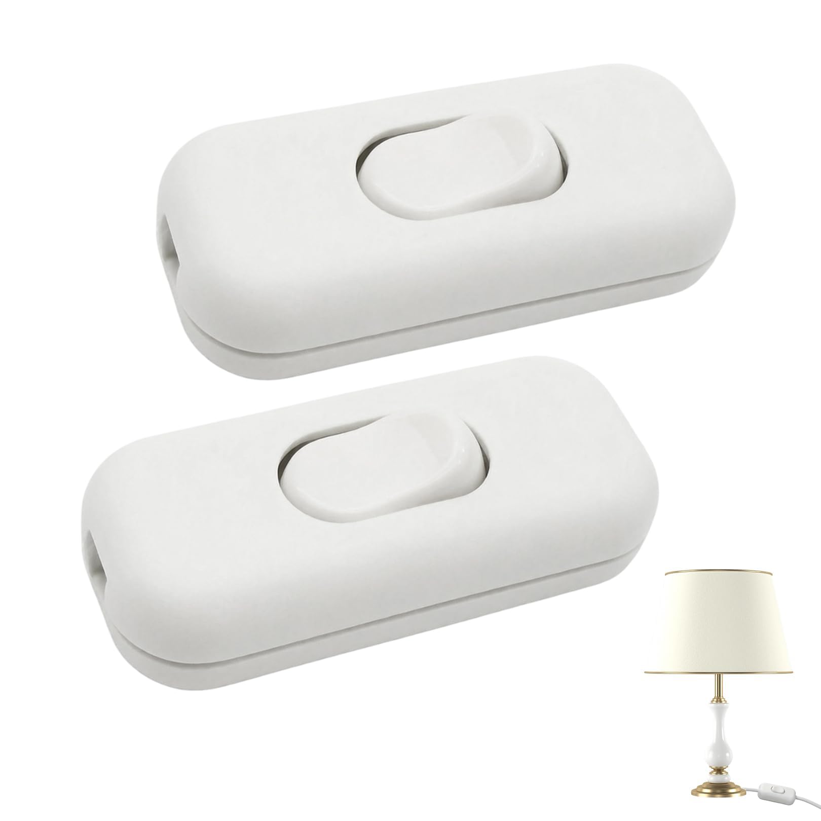 2Pcs Inline Switch, Double Pole In Line Switch for Lamps 250V 6Amp, Lamp Switch Inline Light Accepts 2 or 3 Core Round/Flat Wire, Torpedo Button Switches for Desk Lamp, Light, Bulb Switching (White)