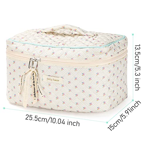 Sightor Cotton Makeup Bag, Quilted Cosmetic Bag With Handle Large Capacity Travel Toiletry Bag For Women Cute Aesthetic Floral Makeup Bag (Beige) #TOP2