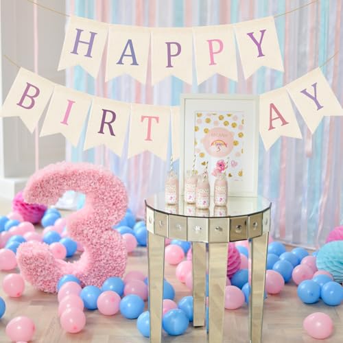 Image of Doumeny Happy Birthday Burlap Banner Boho Birthday Garland Bunting Purple Pink Bohemian Party Hanging Banner White Happy Birthday Sign Flag Colorful Birthdays Bunting Garland for Home Mantel Fireplace