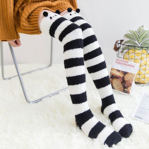 Image of Hotmiss Womens Thigh High Fuzzy Socks Cute Over the Knee Stockings Winter Warm Stripe Leg Warmers
