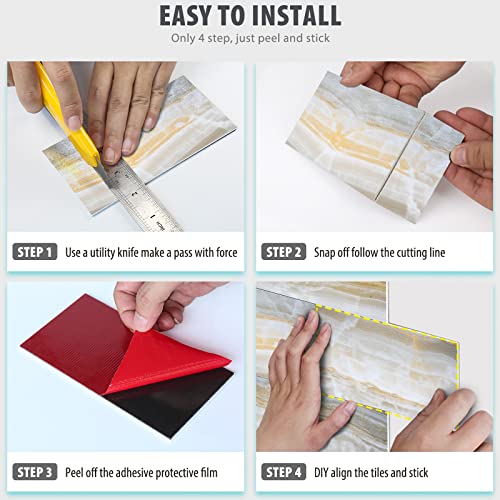 Tenashome 100-Pieces Peel And Stick Backsplash Pvc Marble Tile Subway Rustic Brick Stick On Kitchen Bathroom Wall Decor,Golden Marble,3In X 6In #TOP7