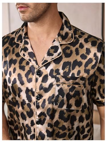 Men's 2 Piece Satin Silk Pajama Sets Leopard Button Down Shirts and Shorts Cheetah Loungewear Sleepwear Pjs4