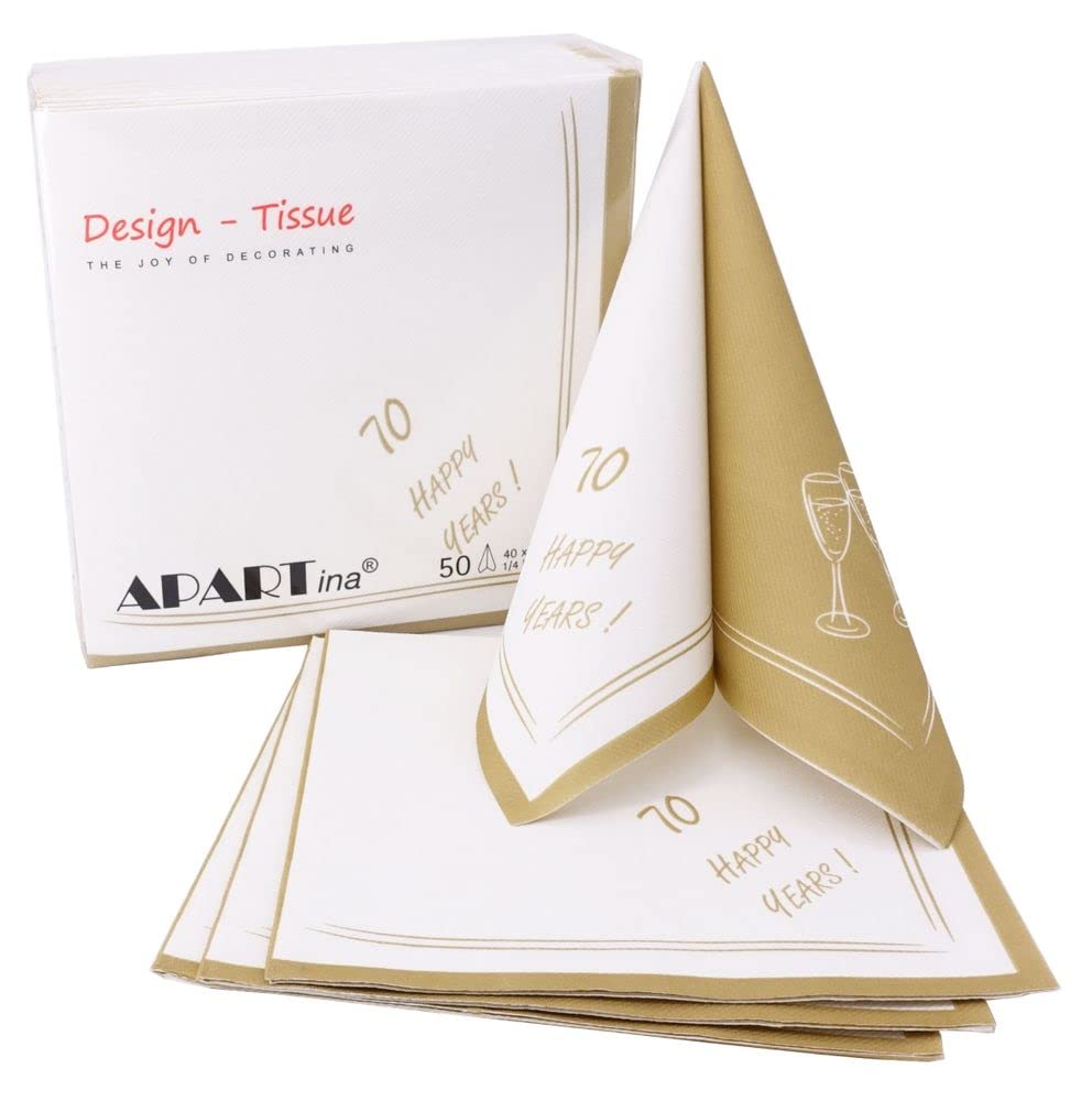 50 Tovaglioli Festivi Airlaid 40x40 Cm – 70 Happy Years – Simil Tessuto Oro/bianco Per Compleanno O Anniversario