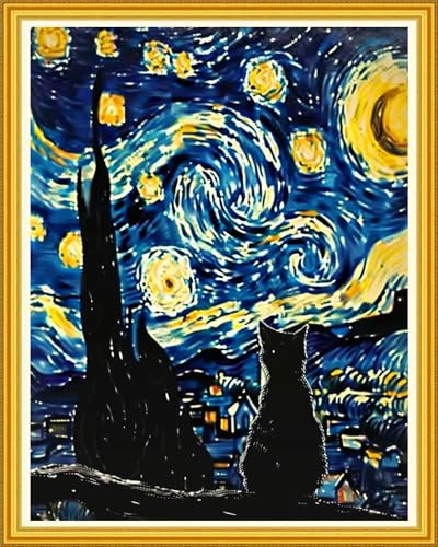 Image of Magxvouy Cross Stitch Kits Stamped Full Range of Embroidery Kits,Cross Stitch Patterns Needlework Kits for Beginners 11CT Printed Kits&Van Gogh Starry Cat 16x20 inch