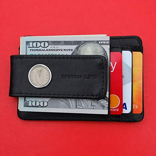 1964 Irish Ireland 3 Pence Coin Genuine Full-Grain Black Leather Magnetic Money Clip Wallet & Card Holder RFID Blocking - Irish Harp2