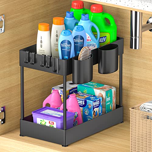 Under Sink Organizers And Storage For Kitchen Bathroom Organizer Countertop Multi-Purpose Under Cabinet Organizer Under Sink Shelf Organizer 2 Tiers Under Sink Storage Rack With Hanging Cup 6 Hooks #TOP4