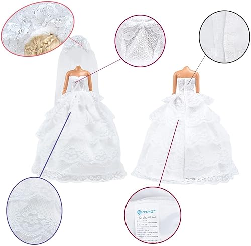 Miniatura 5 de Paquete de boda E-TING, hermoso vestido de novia con velo y traje formal de novio para muñecos Barbie y Ken
