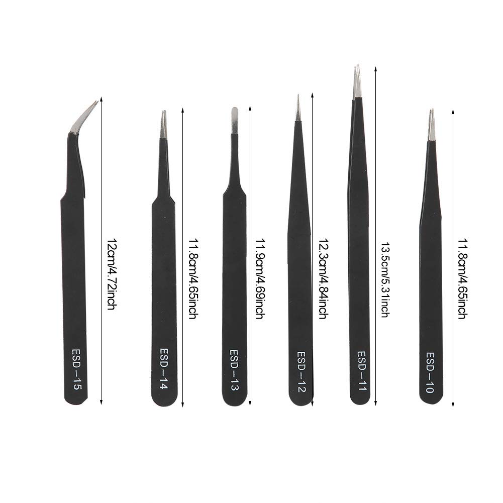 Ensemble de pincettes de précision de 6 pièces, pinceau en acier inoxydable anti-statique avec poignée ergonomique et housses de pointe pour les bijoux, laboratoire