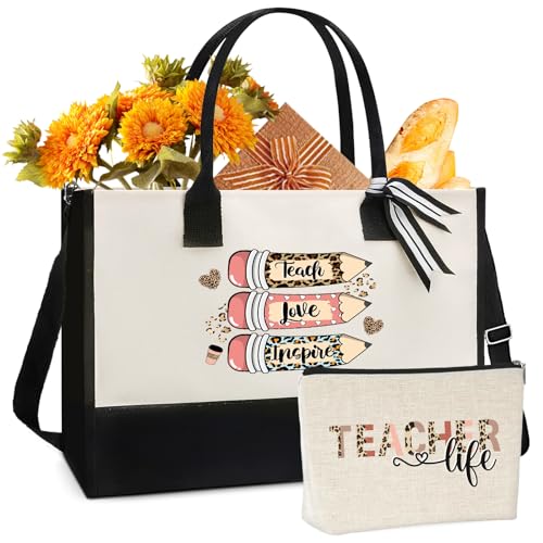 Teacher Canvas Tote Bag with Pencil Pattern