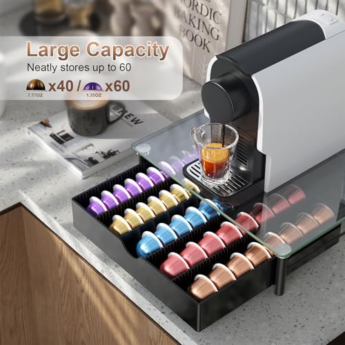 Image of gianotter Crystal Tempered Glass Vertuo Pod Holder Drawer, Compatible with Nespresso Vertuo Capsules, Compatible with 40 Large or 60 Small Nespresso Capsule Organizer (transparent)