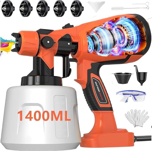 ZICO 1000 W Farbspritzpistole, Tank 1400 ml, 5 Düsen, 3 einstellbare Strahlmodi, leicht zu reinigen, Malwerkzeug für Wände, Zäune, Terrassen und Innen- / Außendekorationen