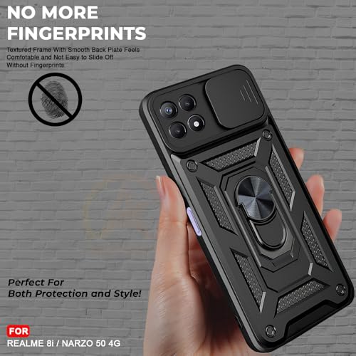 Image of Armor Bumper Back Cover Case for Realme 8i / Narzo 50 4G Rotating Camera Cover, Ring Holder & Kickstand | Heavy Duty & 360 Degree Protection Realme 8i / Narzo 50 4G Back Cover (Black)