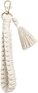 Boho Wrist Keychain,Tassel Wristlet Keychain,Women's Wrist Lanyard for Keys Hand Woven Wrist Strap,Keyring Holder Wrist Lanyard for Women, White, 21.5cm * 5.5cm * 1.7cm