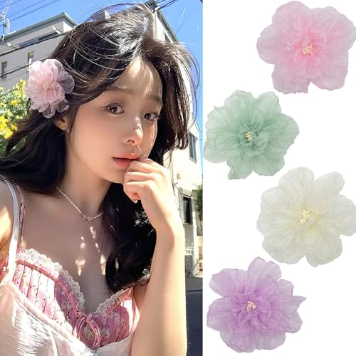 Horquillas para el pelo de camelia, pinzas de organza con acabados de costura transparentes
