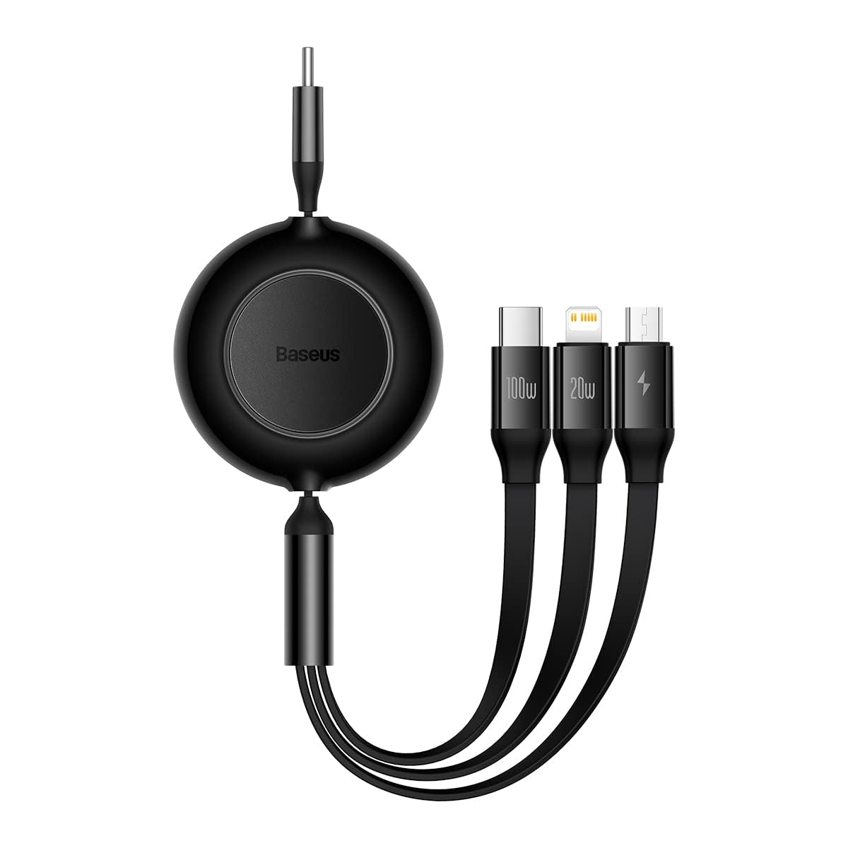 Bright Mirror 2 Series Fast Charging Cable,100W 1.2M 3 in 1 Retractable Type-C Charging Cable with Lightning/Type C/Micro Port 1.1M, for iPhone, for Samsung Galaxy, Huawei, OnePlus（BLACK）