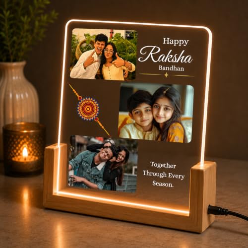 Image of Personalized Raksha Bandhan Acrylic LED Lamp with Custom Photo (Design 3) | Night Light, Brother Sister, Free Rakhi Included, Custom Photo