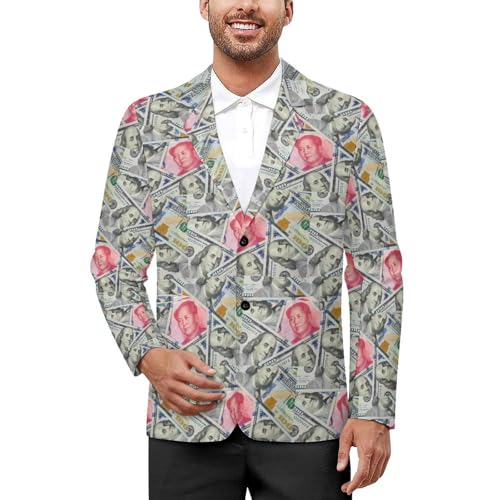 Dollar and Rmb Mens Suit Jacket Lapel Blazers V Neck Button Business Coat Tuxedo for Wedding Party